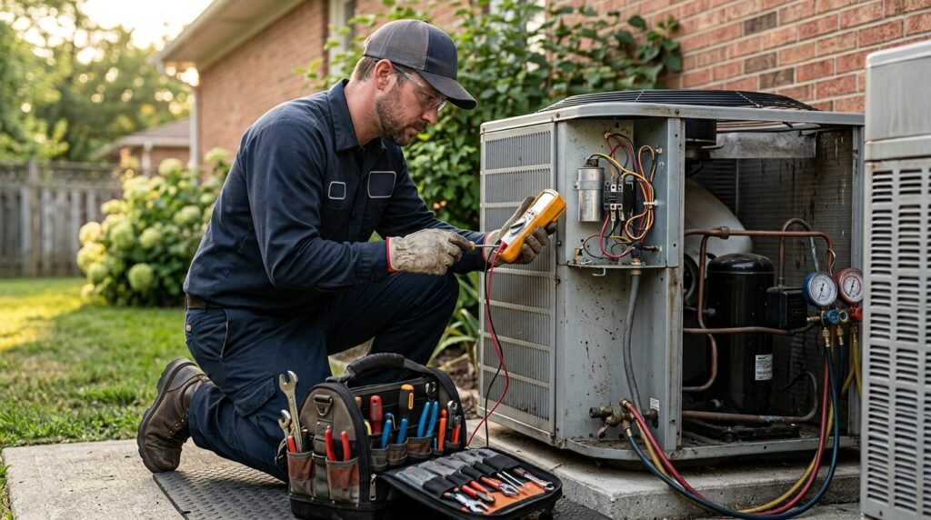 AC mechanic fixing AC unit